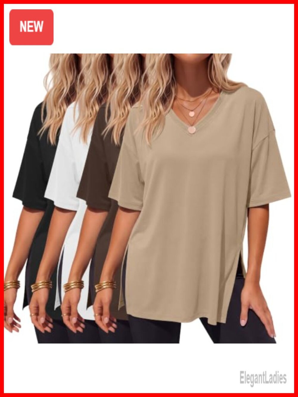 Oversized V Neck T Shirts Side Slit Tunic Tees 4 Pack